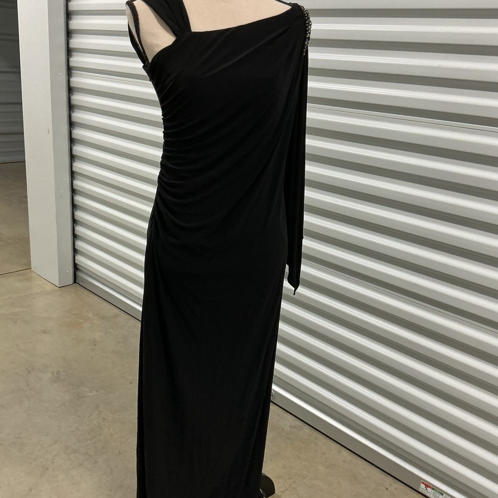 R & M Richards One-Shoulder Black Evening Gown